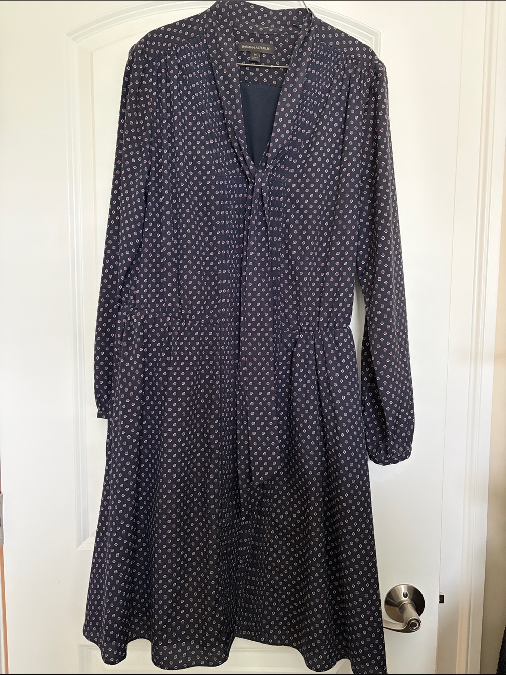 Ann Taylor Navy Dress with Pink Dot Floral Print and Tie Neck